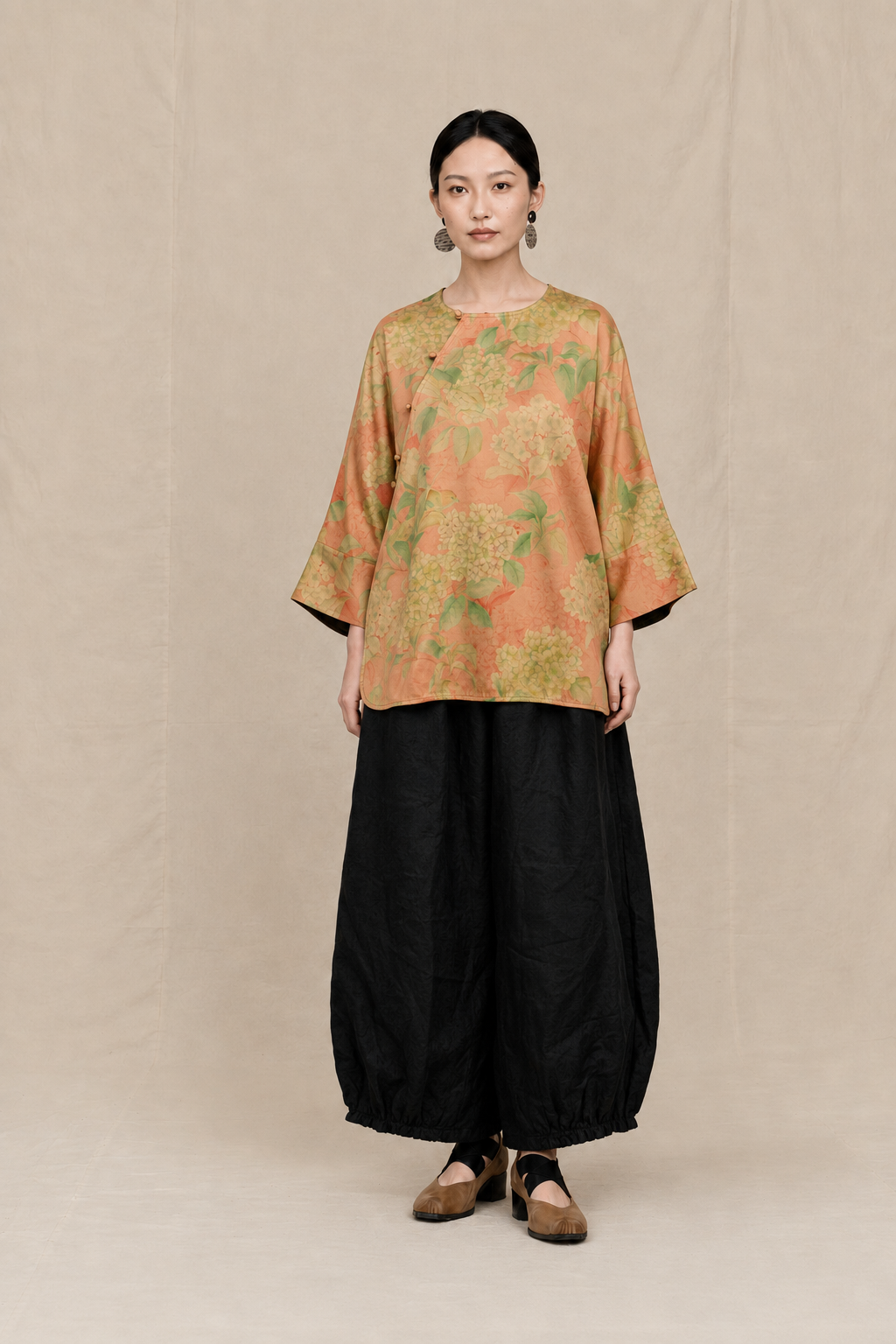 Asymmetric Hydrangea Silk Tunic in Warm Ochre