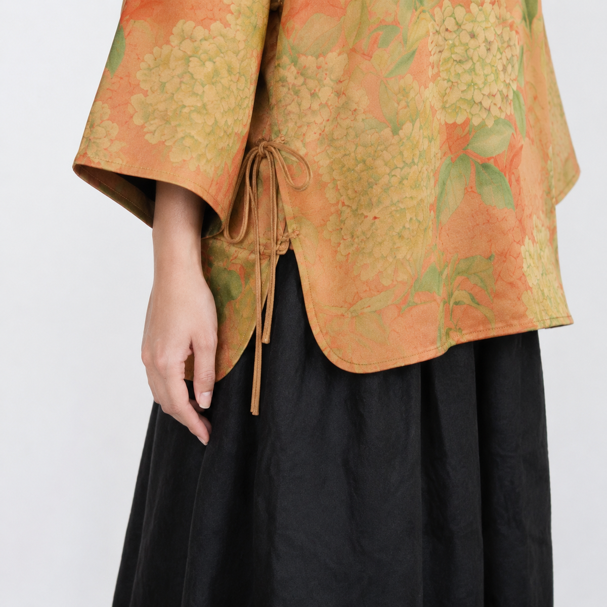 Asymmetric Hydrangea Silk Tunic in Warm Ochre