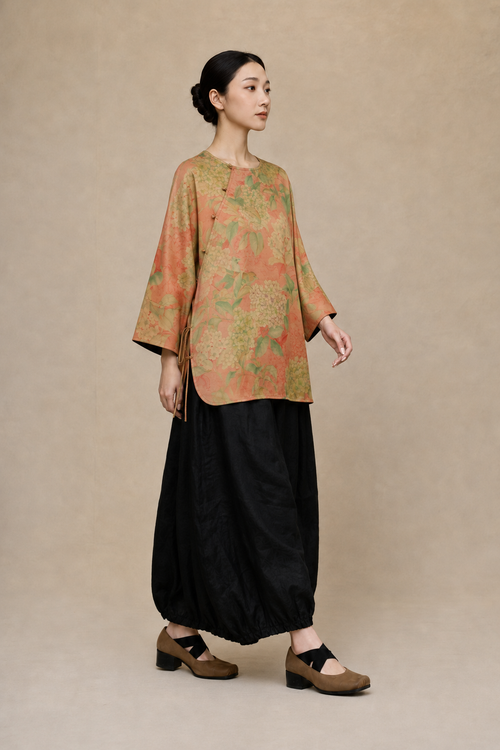 Asymmetric Hydrangea Silk Tunic in Warm Ochre