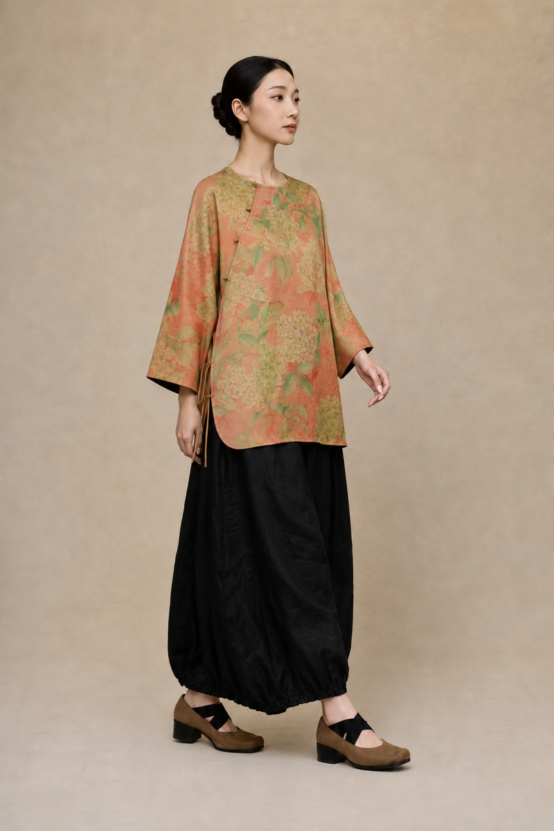 Asymmetric Hydrangea Silk Tunic in Warm Ochre