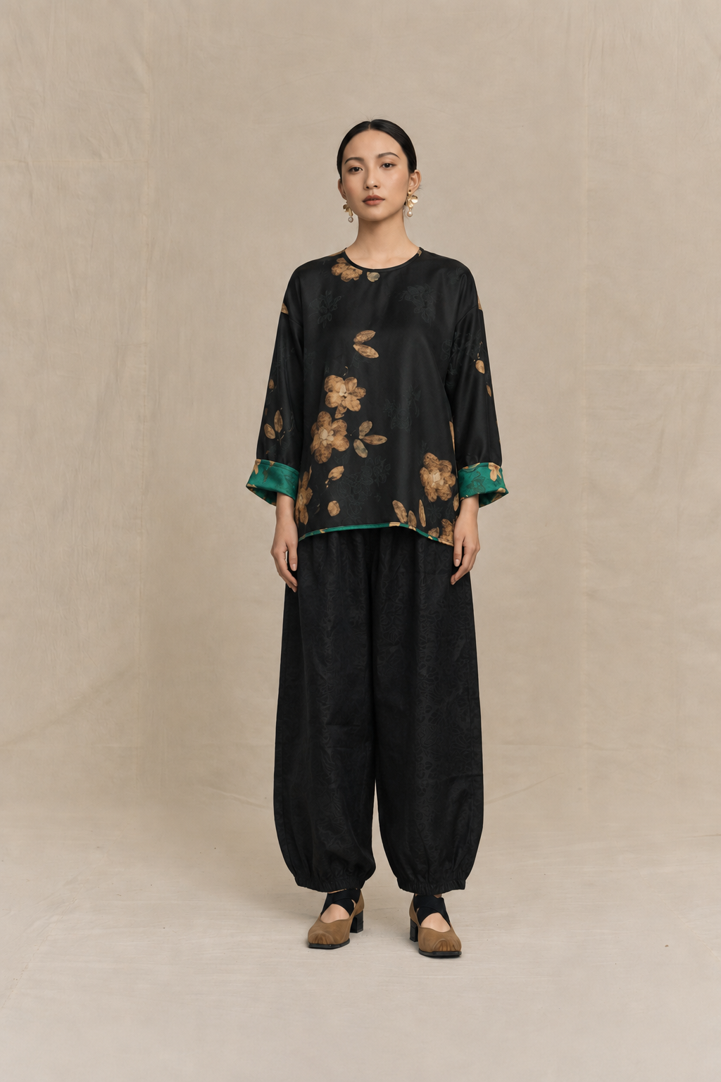 Reversible Xiangyun Silk Tunic in Ink & Peacock Teal