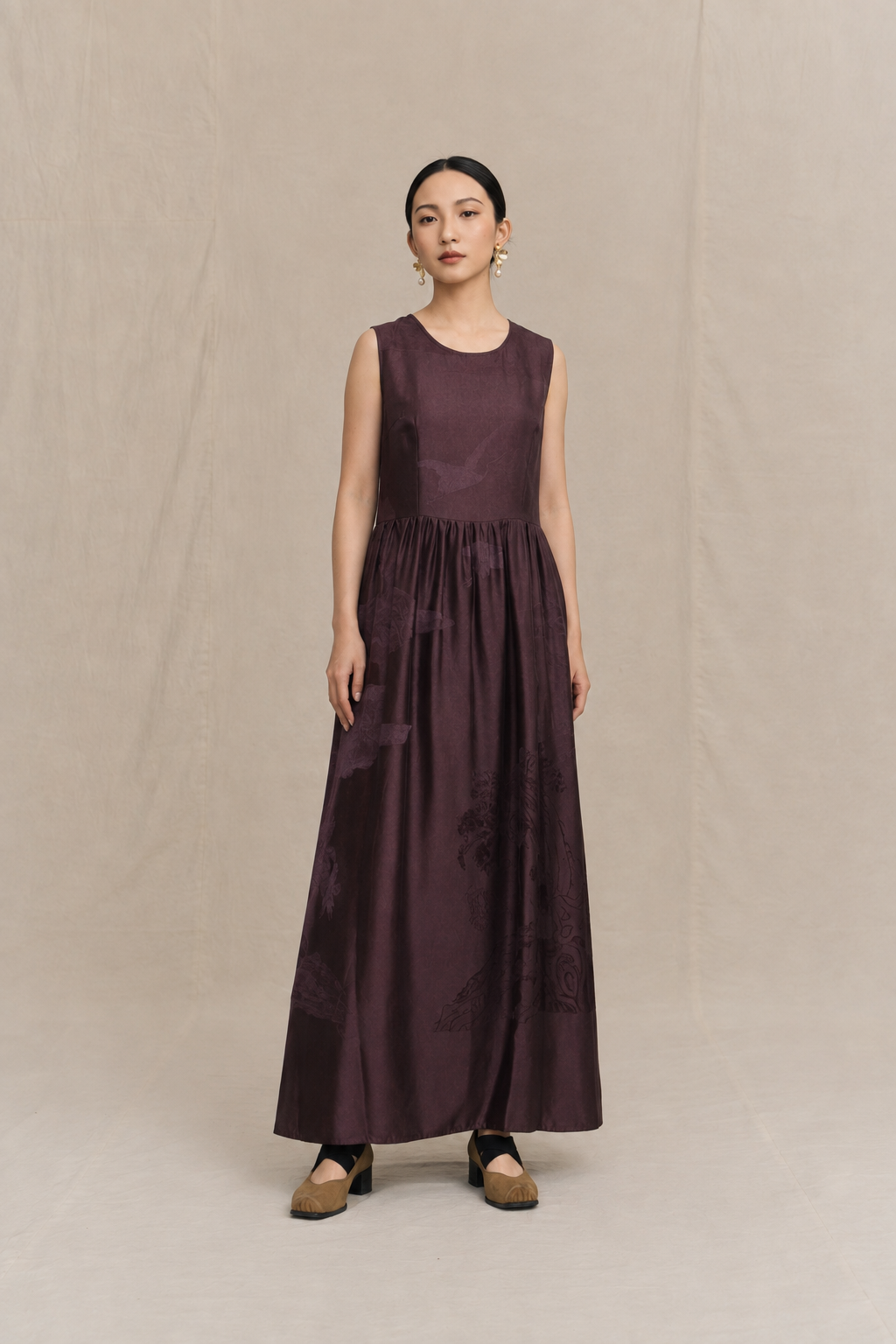Sleeveless Xiangyun Silk Maxi Dress in Deep Plum Ink