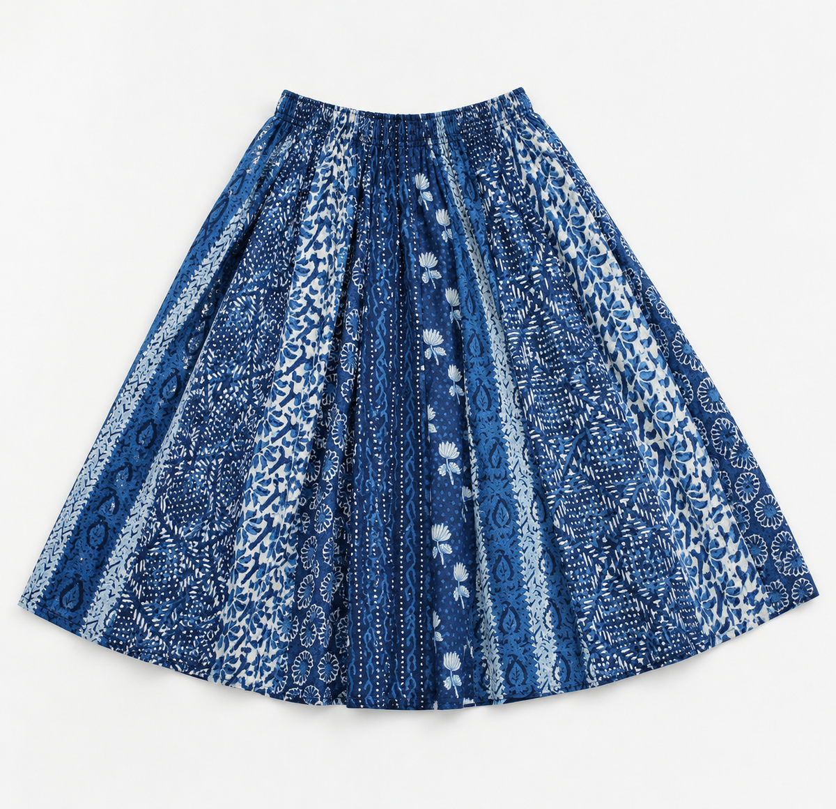Paneled Indigo Block-Printed Midi Skirt