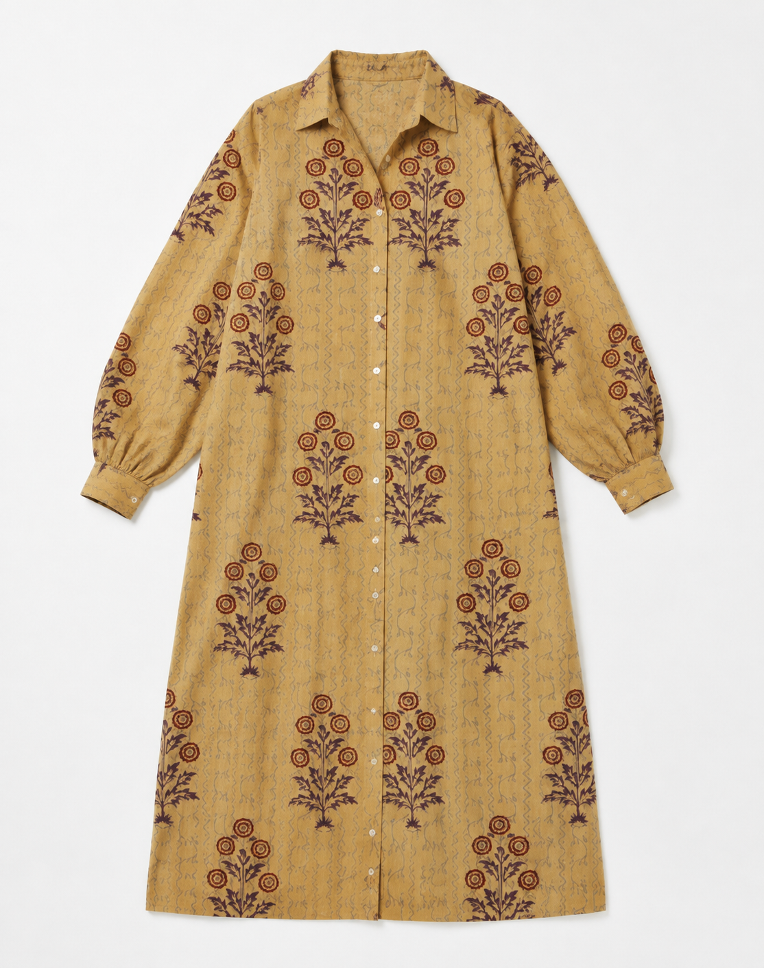 Hand-Block Printed Tree of Life Kaftan Shirt Dress