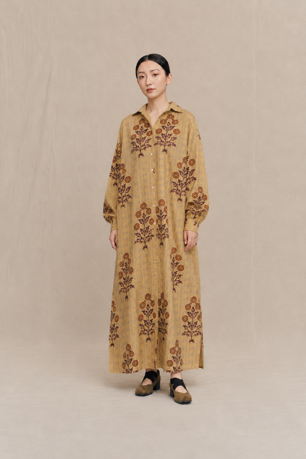 Hand-Block Printed Tree of Life Kaftan Shirt Dress