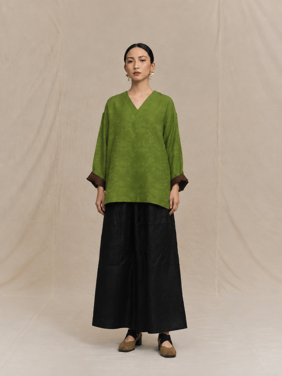 Jade Green & Chestnut Cuff Xiangyun Silk Blouse
