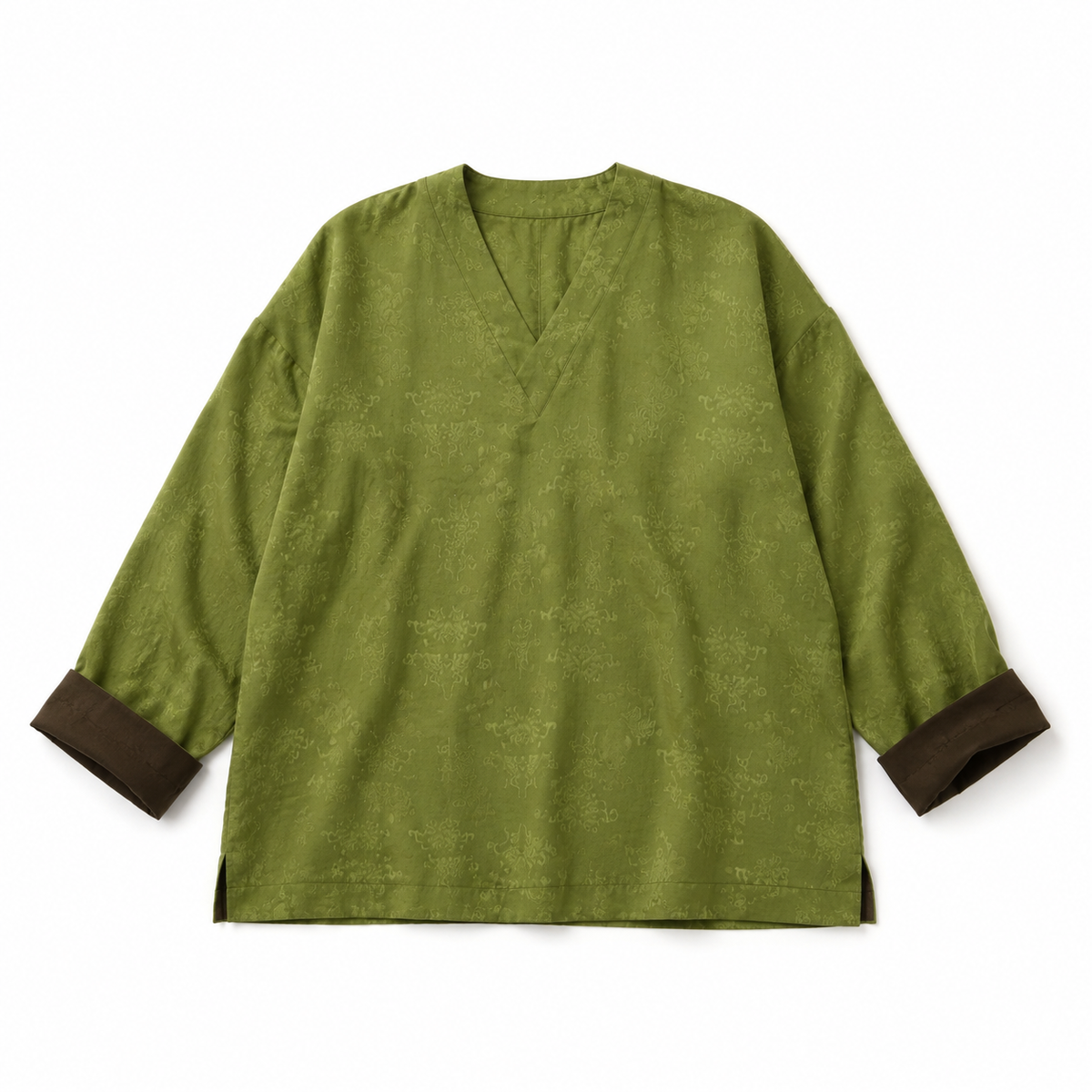 Jade Green & Chestnut Cuff Xiangyun Silk Blouse
