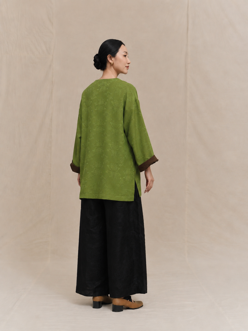 Jade Green & Chestnut Cuff Xiangyun Silk Blouse