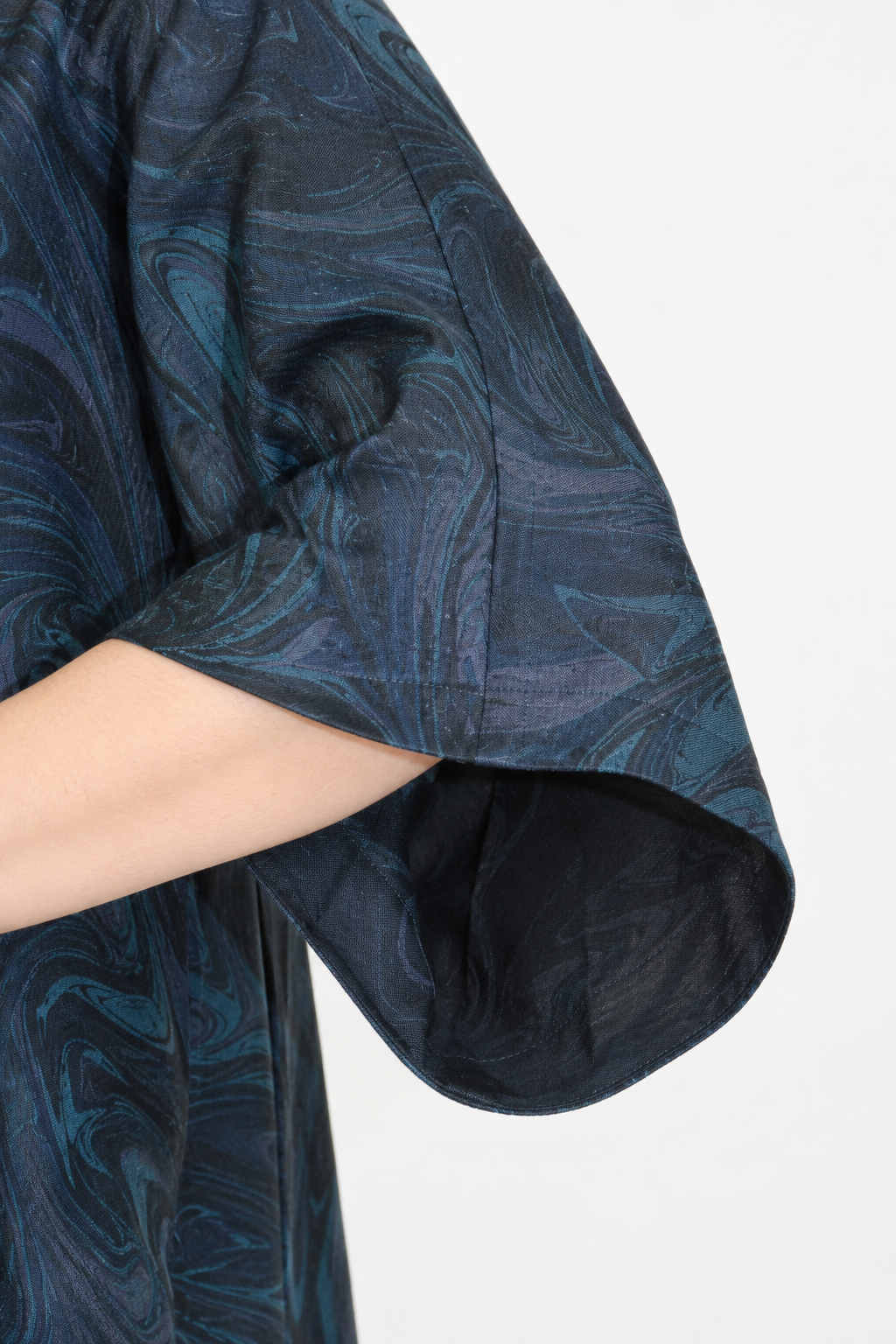 V-Neck Silk Tunic in Marbled Ink & Teal