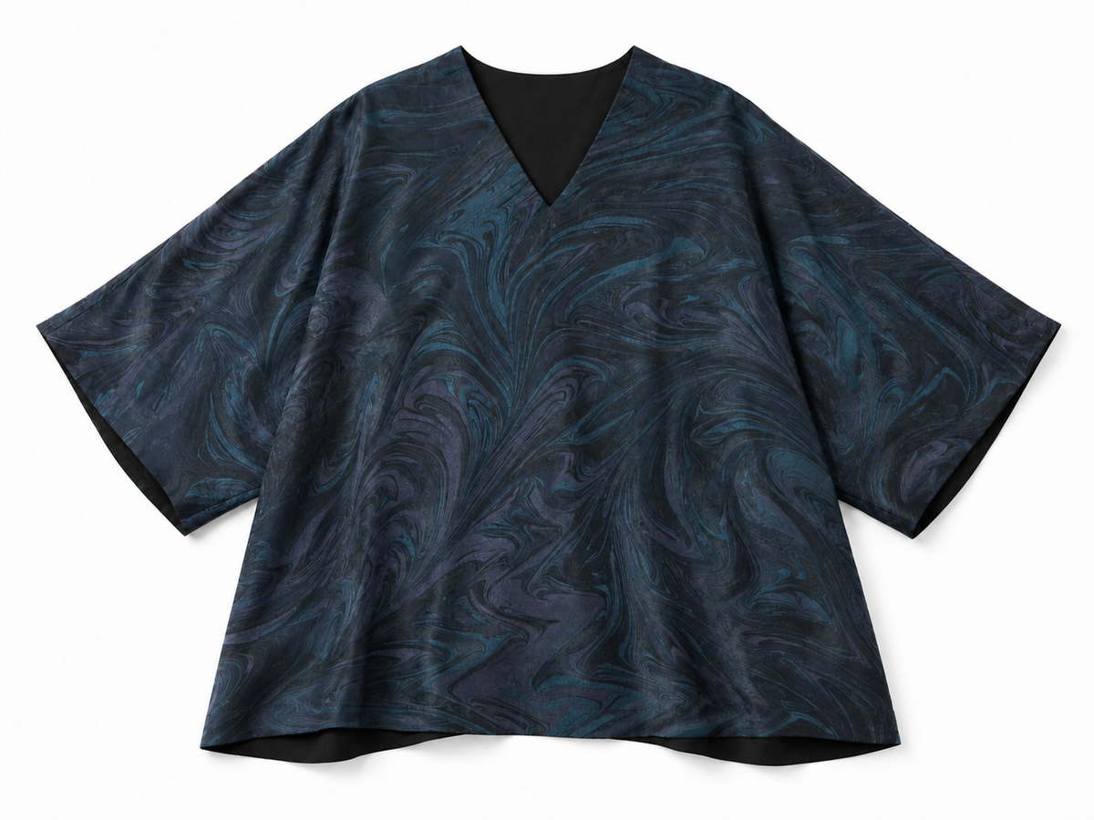 V-Neck Silk Tunic in Marbled Ink & Teal