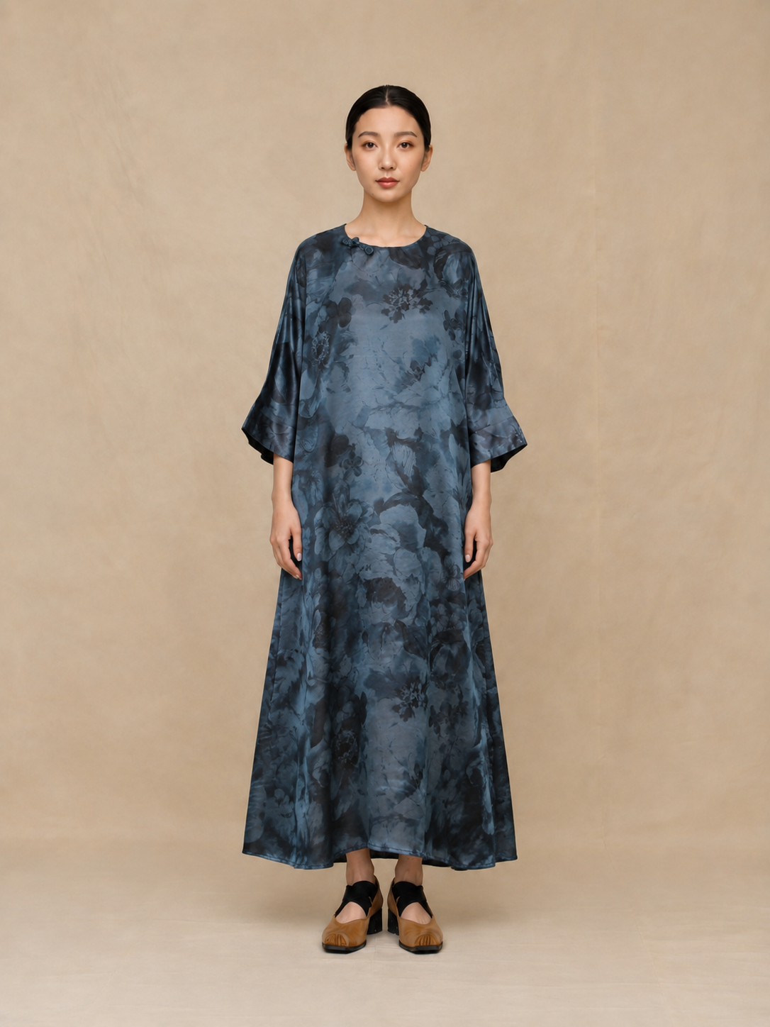 Side-Buttoned Silk Kaftan Dress in Muted Blue Ink