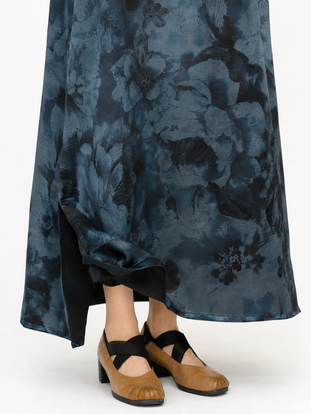 Side-Buttoned Silk Kaftan Dress in Muted Blue Ink