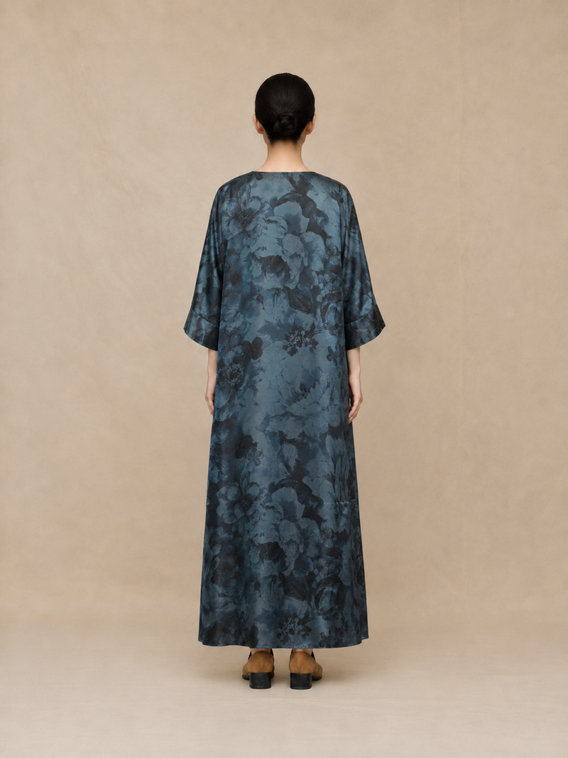 Side-Buttoned Silk Kaftan Dress in Muted Blue Ink