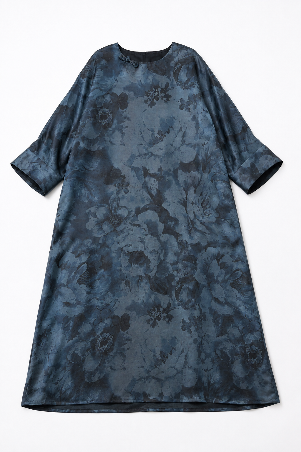 Side-Buttoned Silk Kaftan Dress in Muted Blue Ink
