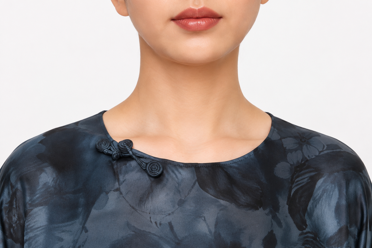 Side-Buttoned Silk Kaftan Dress in Muted Blue Ink