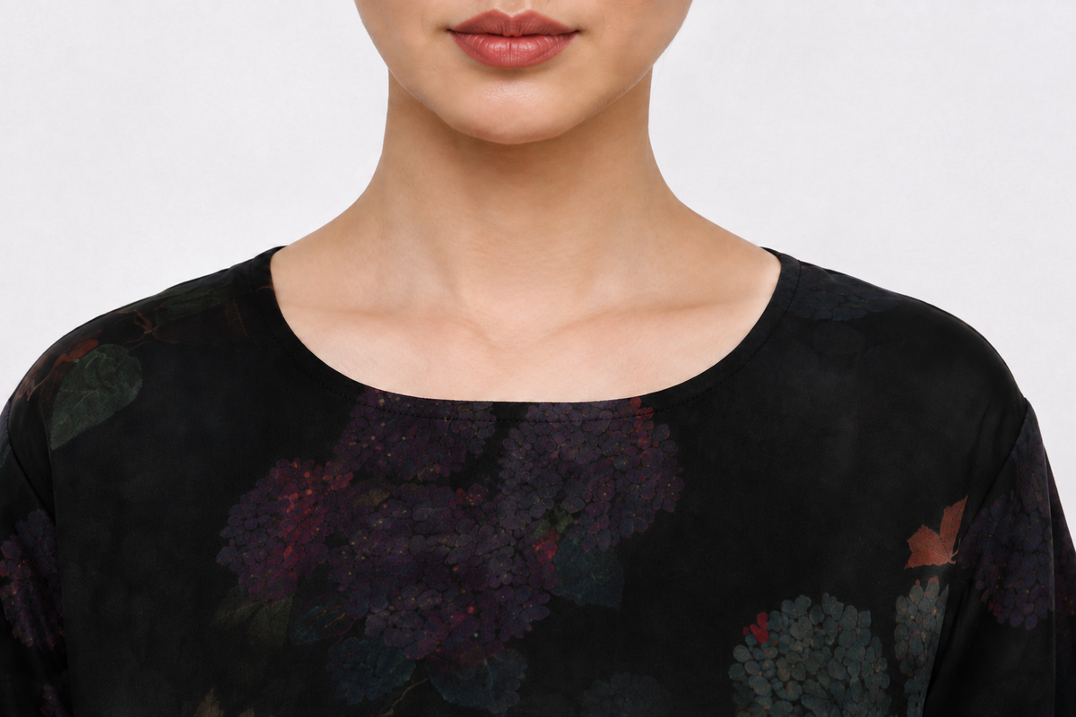 Hydrangea Xiangyun Silk Midi Dress in Charcoal Ink