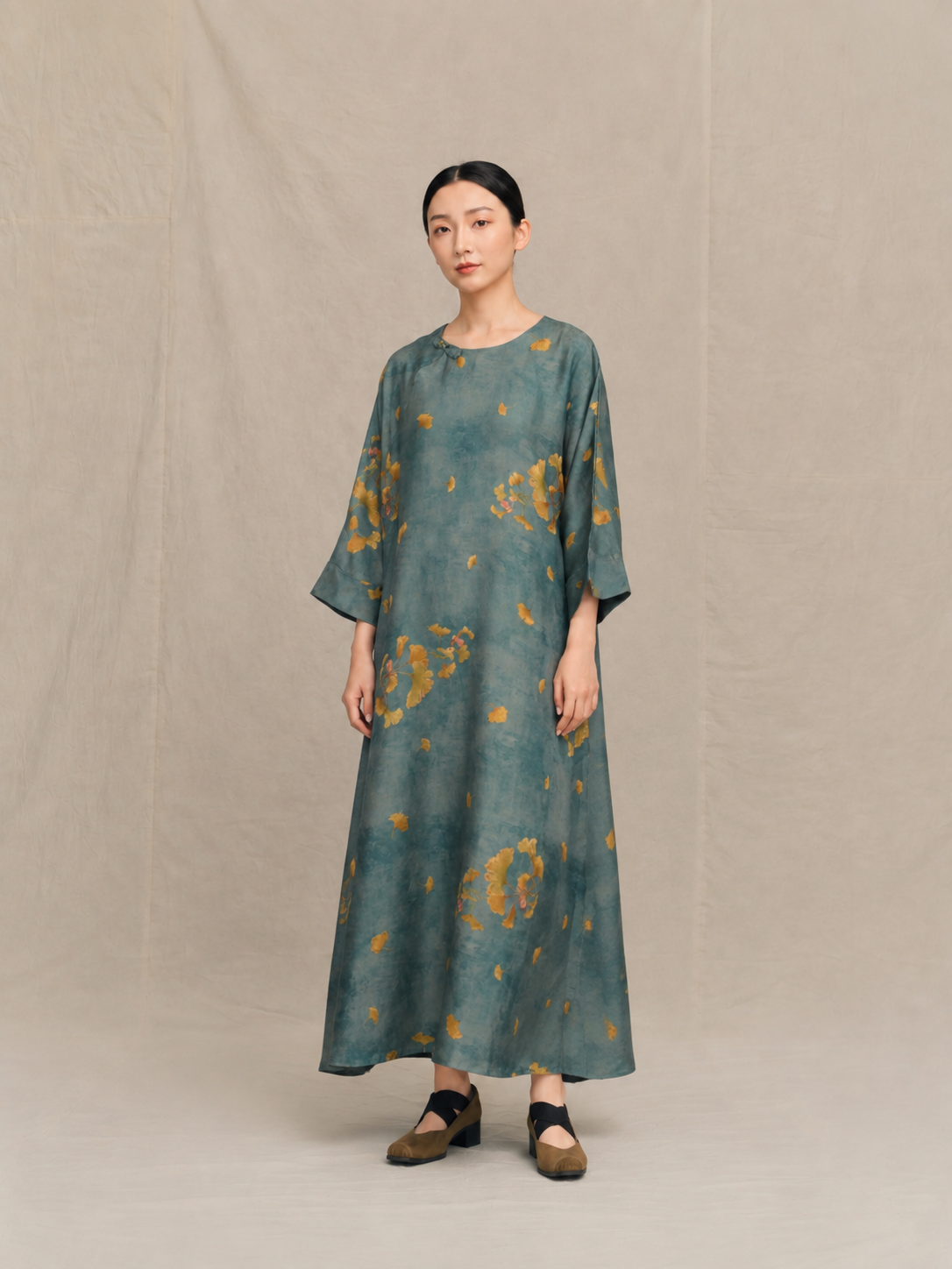 Side-Buttoned Silk Dress in Turquoise & Ginkgo Gold