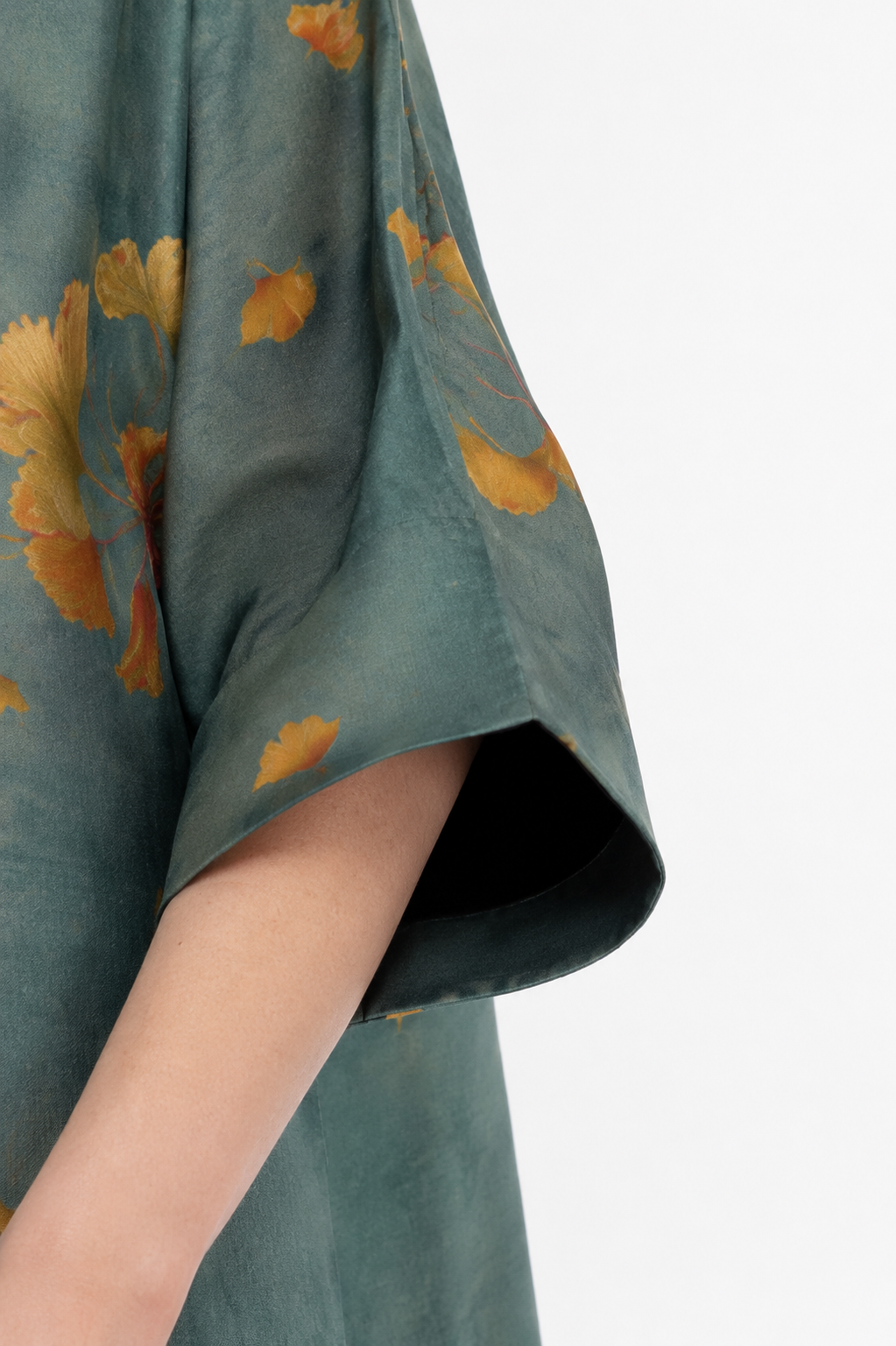 Side-Buttoned Silk Dress in Turquoise & Ginkgo Gold