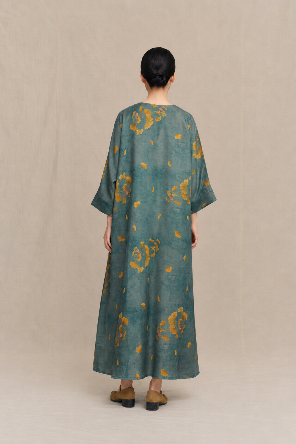 Side-Buttoned Silk Dress in Turquoise & Ginkgo Gold