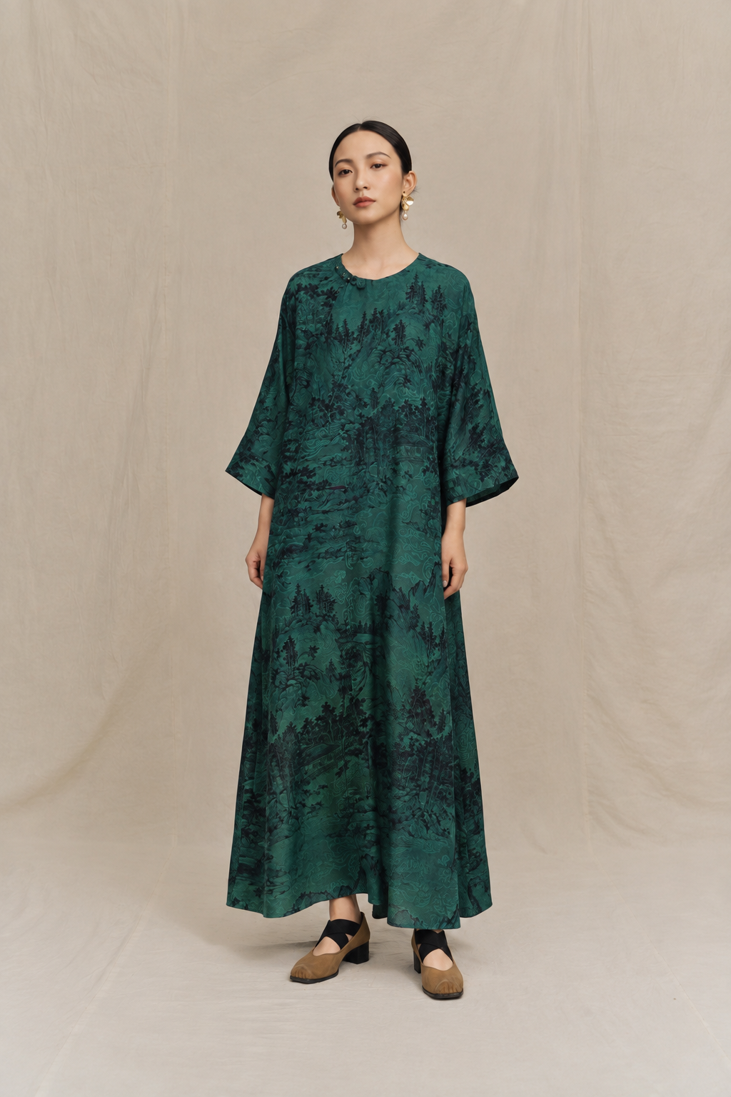 Landscape Printed Silk Kaftan Dress in Pine Green