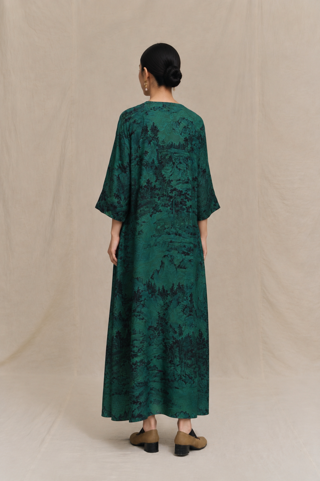 Landscape Printed Silk Kaftan Dress in Pine Green