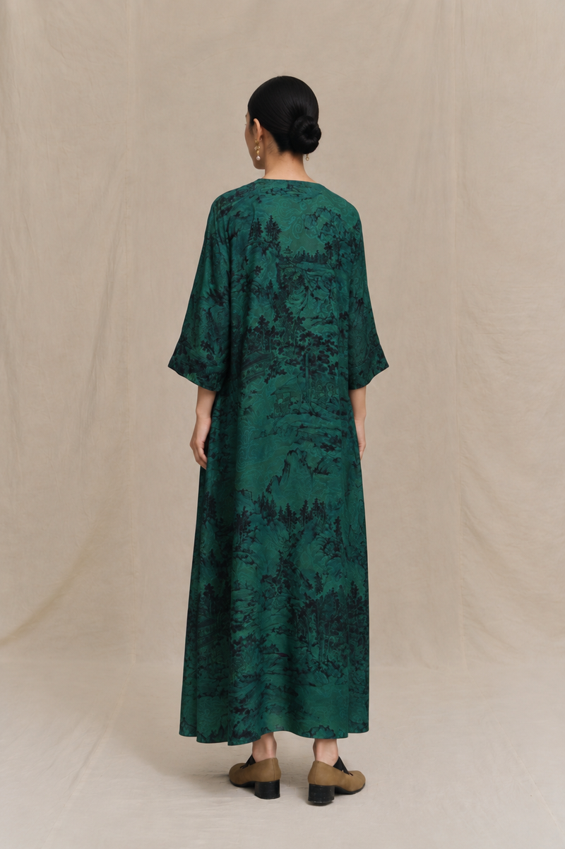 Landscape Printed Silk Kaftan Dress in Pine Green