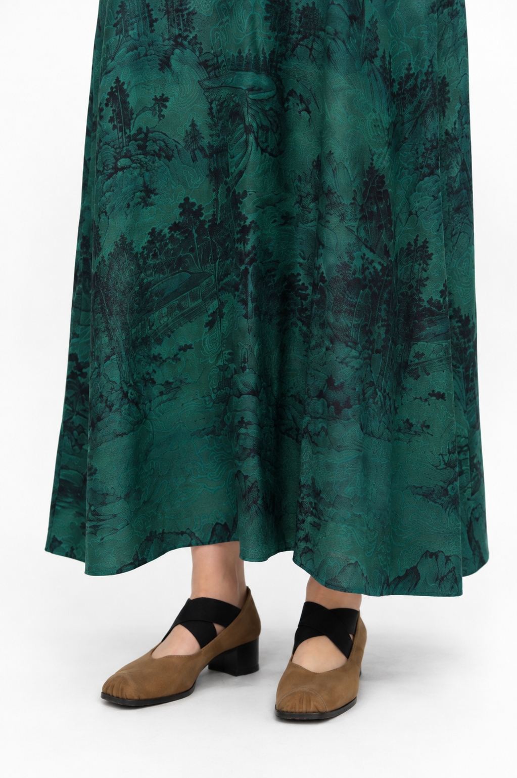 Landscape Printed Silk Kaftan Dress in Pine Green