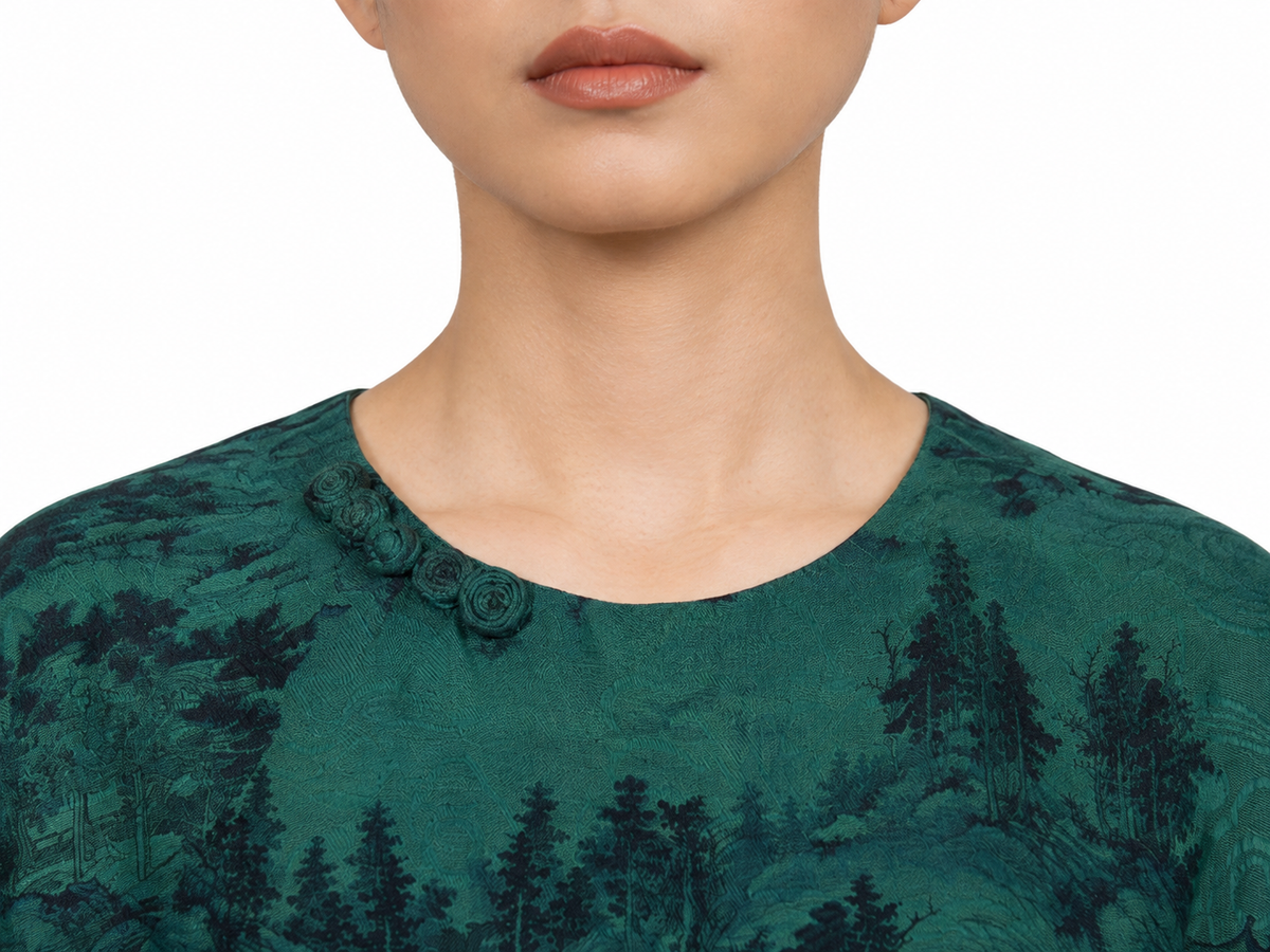 Landscape Printed Silk Kaftan Dress in Pine Green