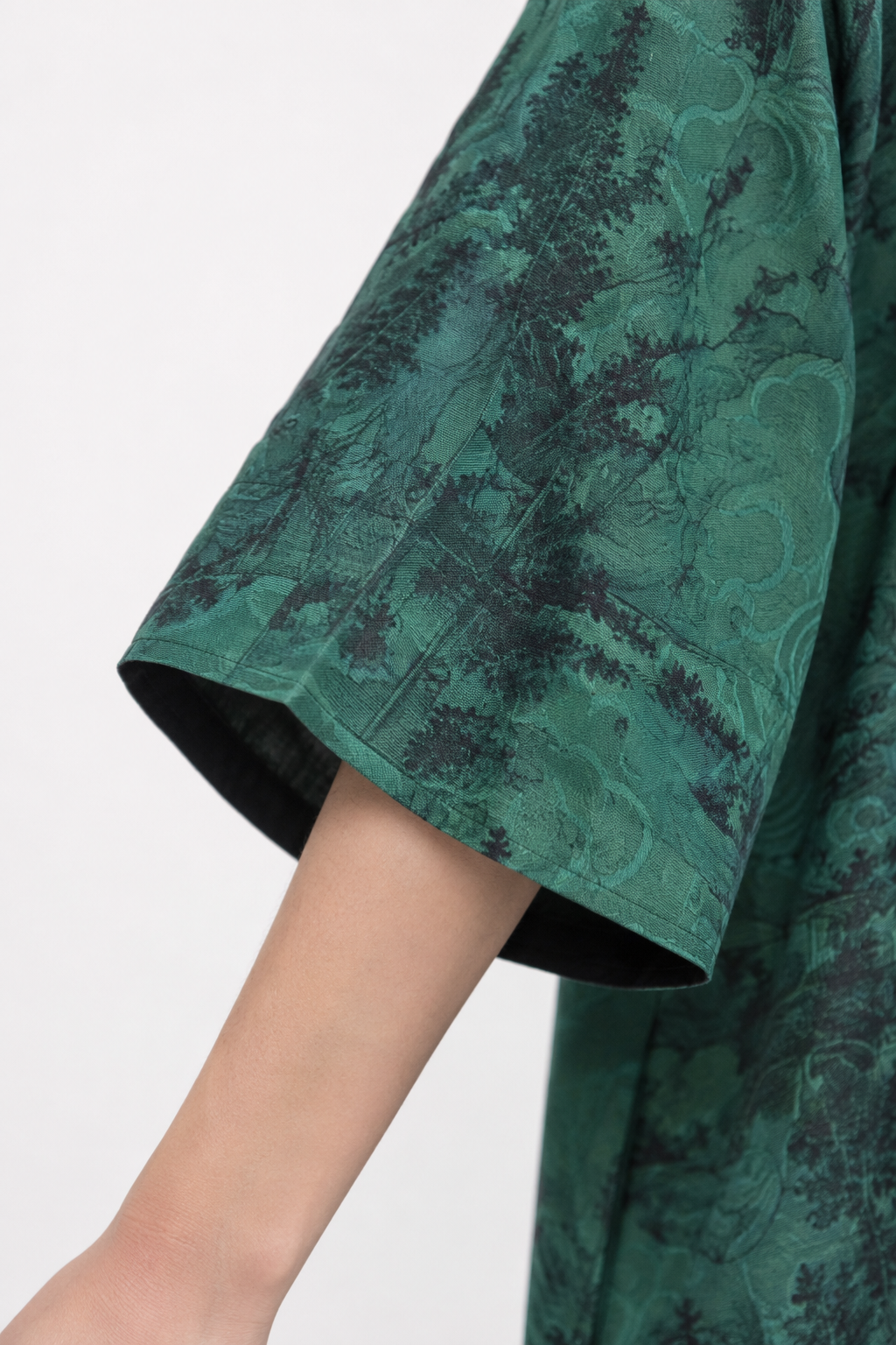 Landscape Printed Silk Kaftan Dress in Pine Green