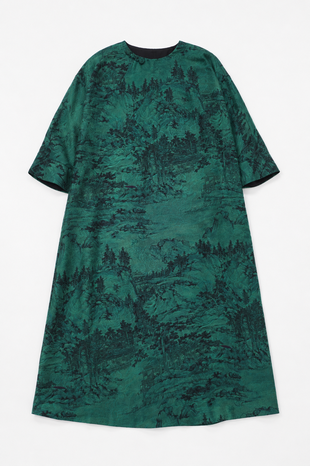 Landscape Printed Silk Kaftan Dress in Pine Green