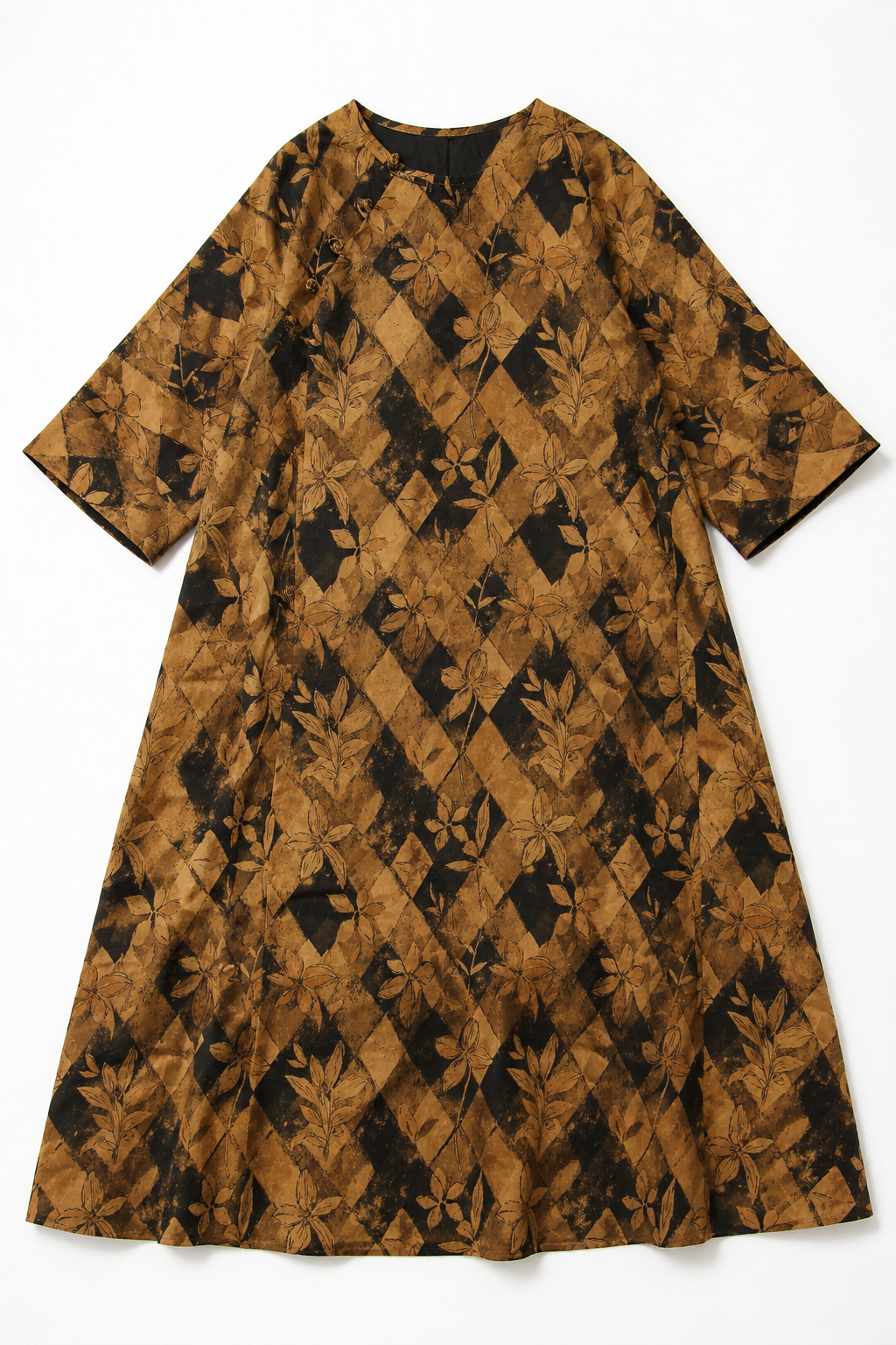 Diamond Lattice Silk Kaftan Dress in Amber & Ink
