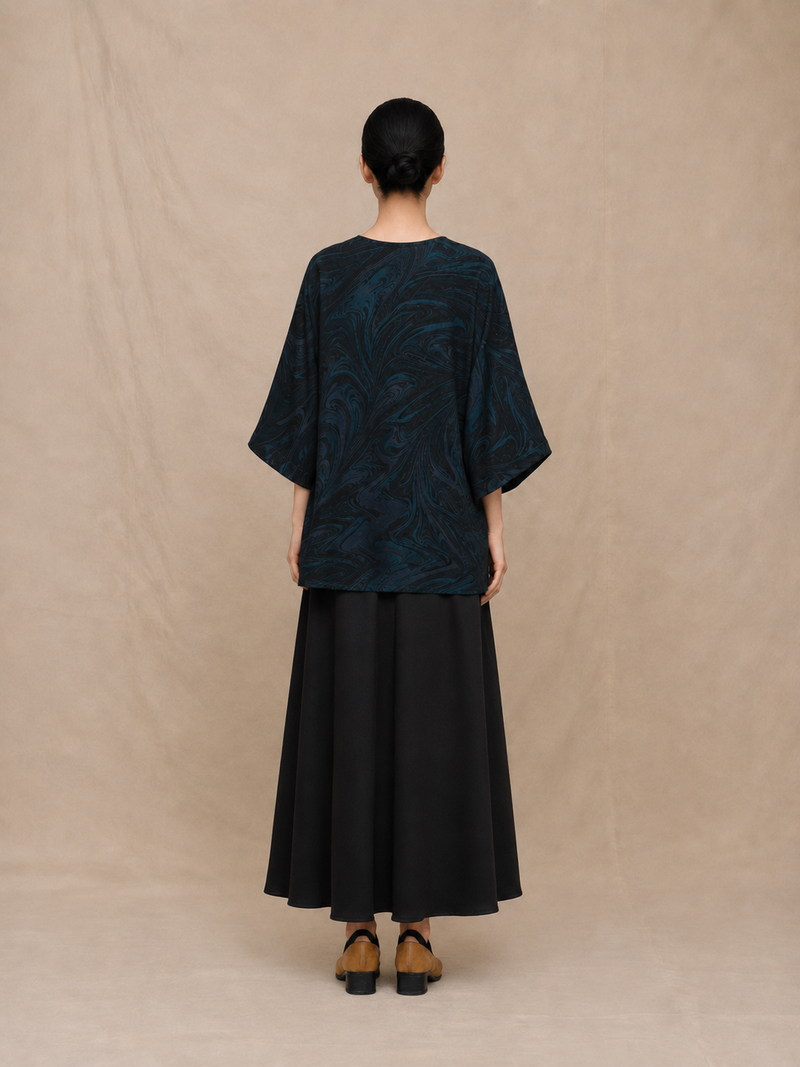 V-Neck Silk Tunic in Marbled Ink & Teal