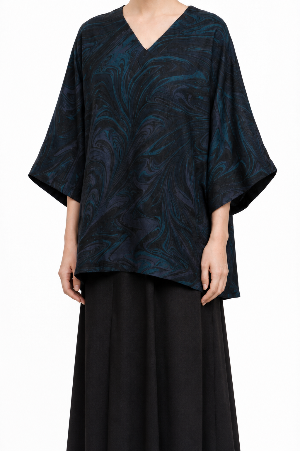 V-Neck Silk Tunic in Marbled Ink & Teal