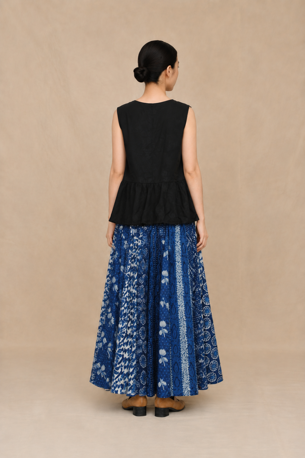 Paneled Indigo Block-Printed Midi Skirt
