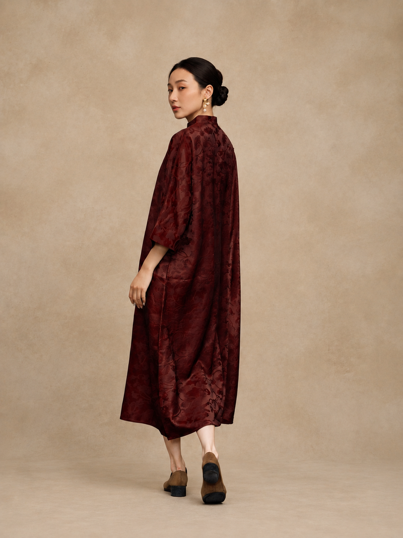 Oxblood Damask Xiangyun Silk Dress