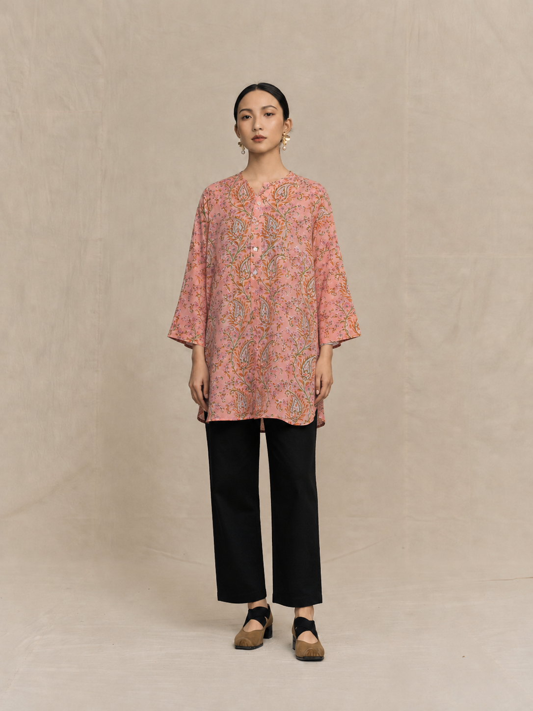 Block-Printed Paisley Silk Tunic in Peach