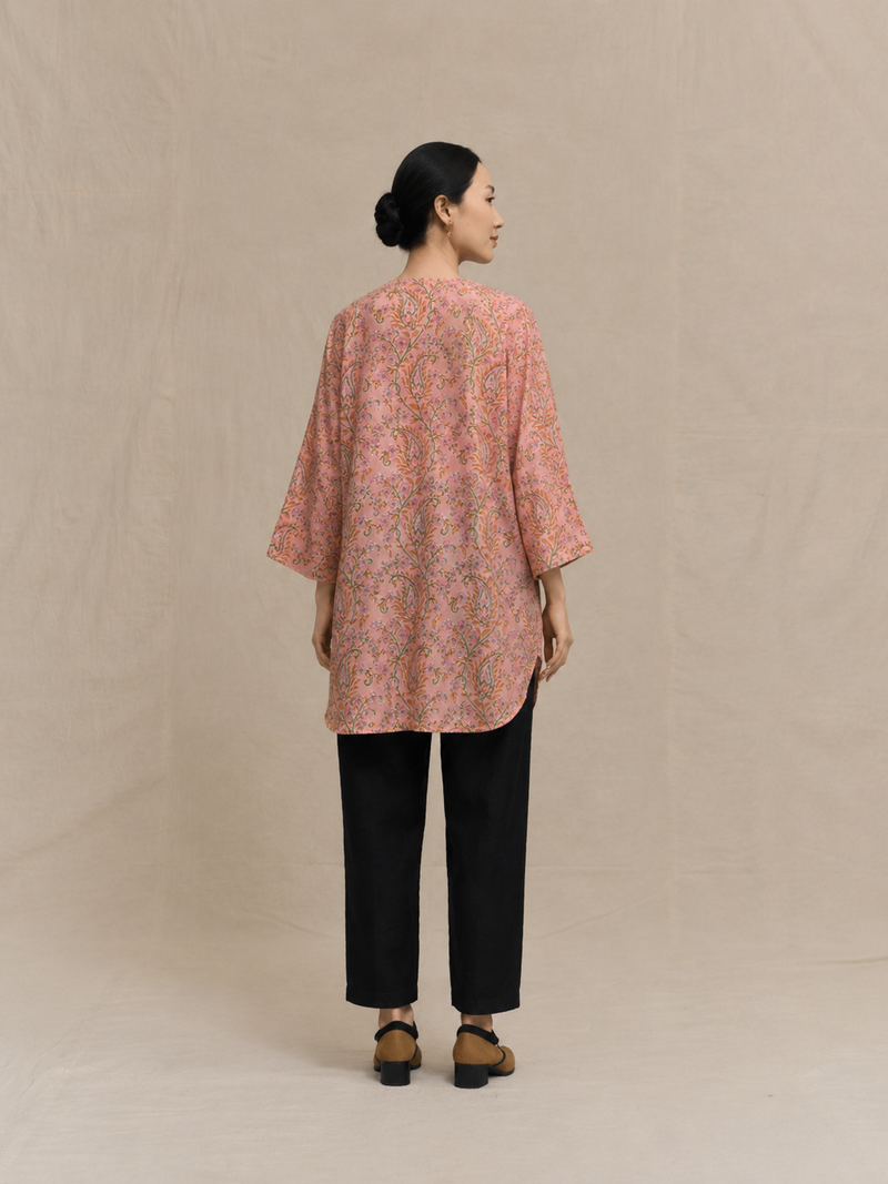 Block-Printed Paisley Silk Tunic in Peach
