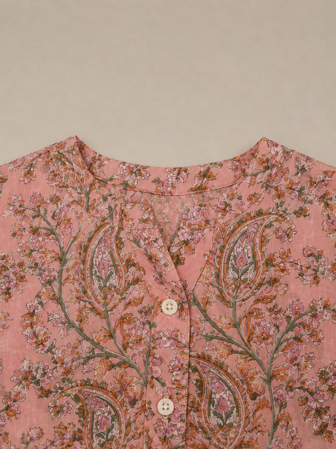 Block-Printed Paisley Silk Tunic in Peach