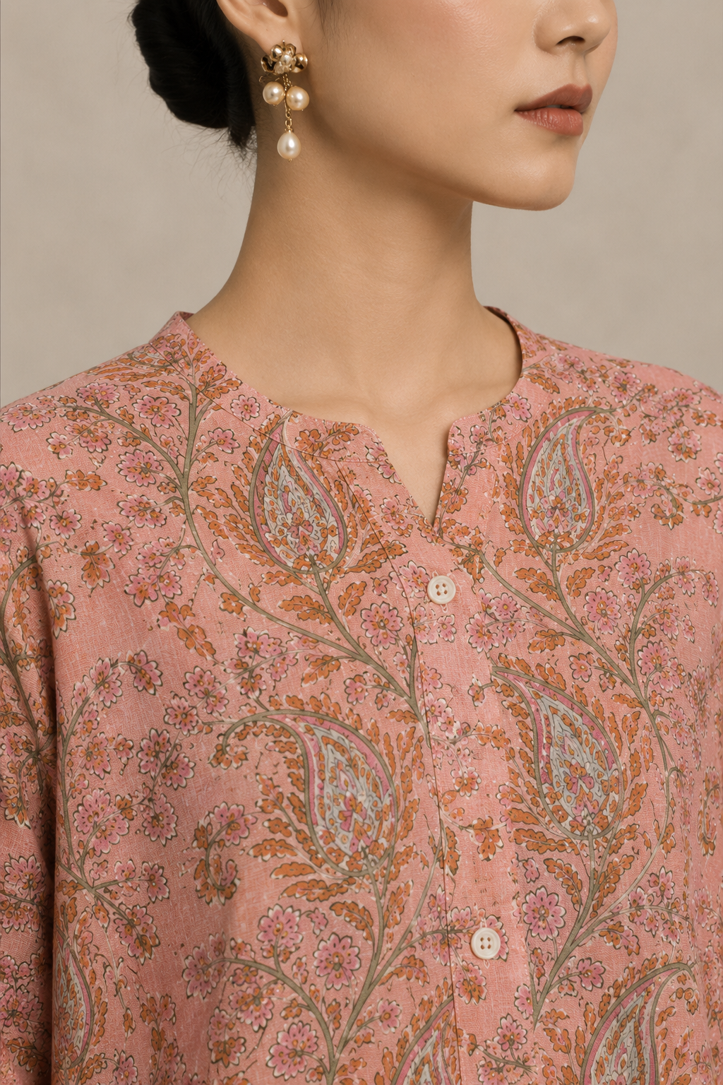 Block-Printed Paisley Silk Tunic in Peach