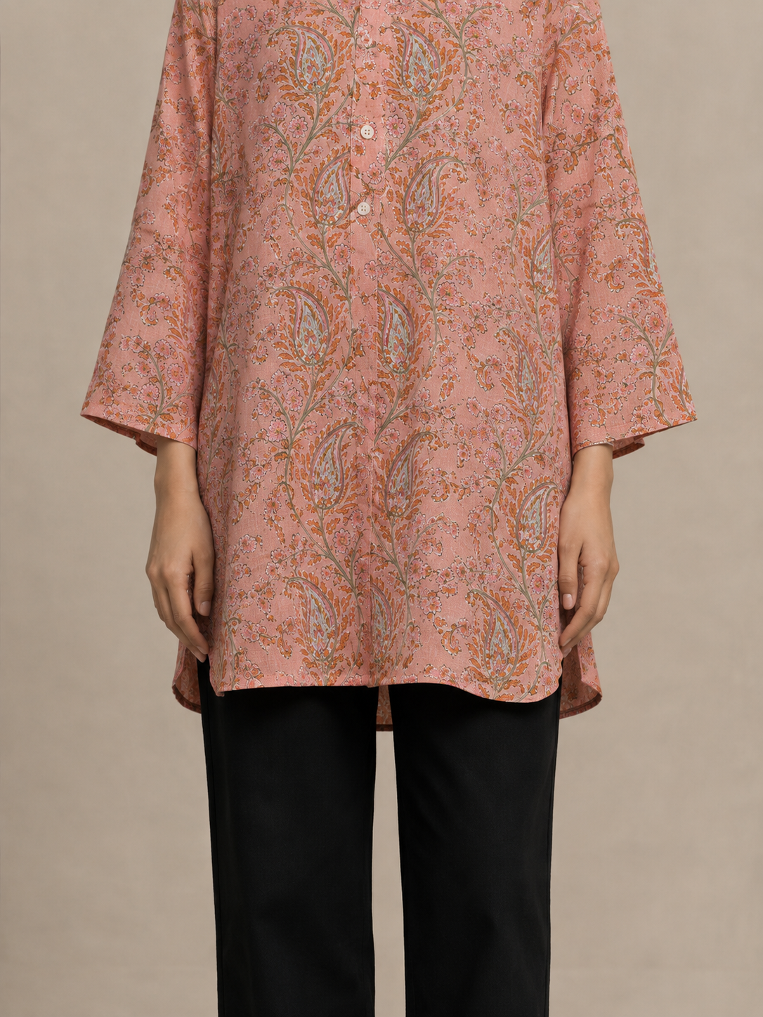 Block-Printed Paisley Silk Tunic in Peach