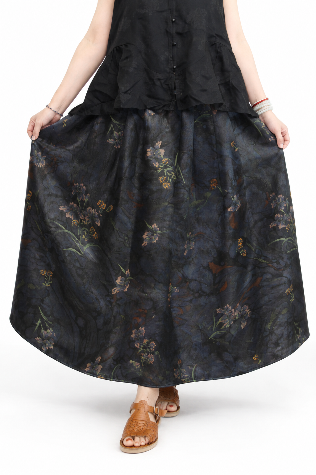 Pleated Xiangyun Silk Maxi Skirt in Charcoal Ink