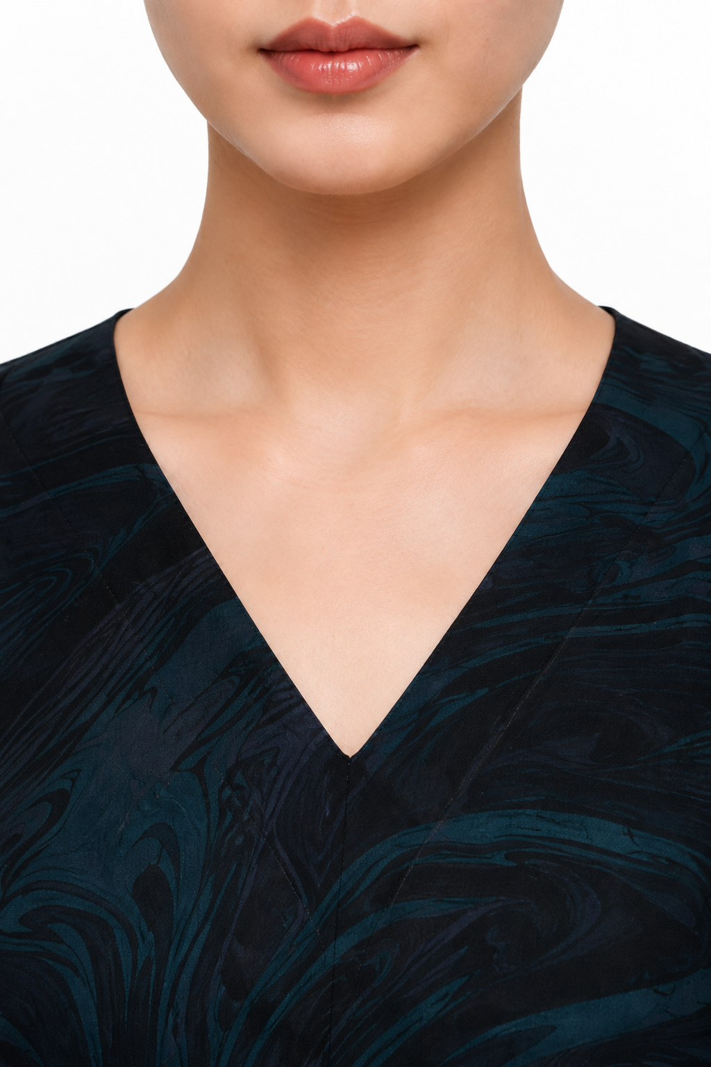 V-Neck Silk Tunic in Marbled Ink & Teal